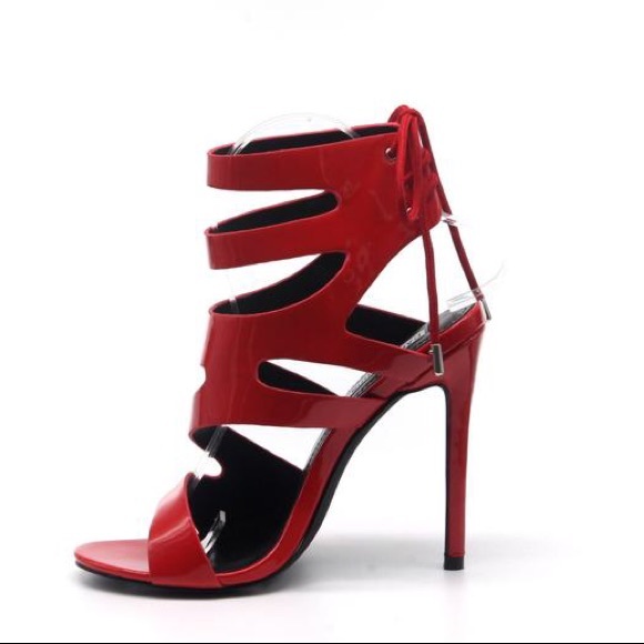 Red Cut Out Back Tie Up Heels - Picture 5 of 6